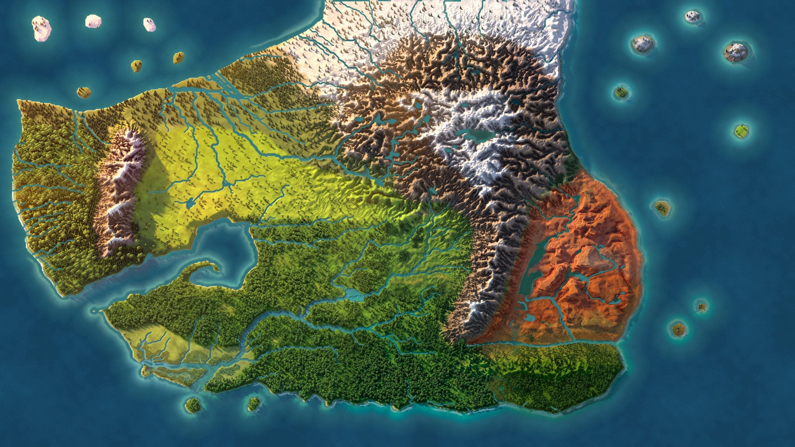 Painted map of Orvandia: river deltas, a central mountain massif, desert canyons and scattered isles